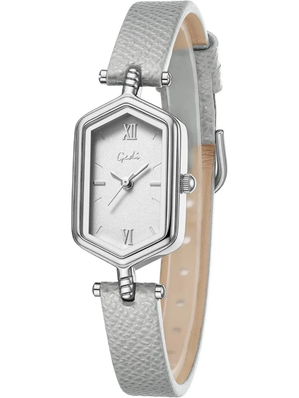 Women's Gray Blue Vintage Slim Leather Strap Bracelet Hexagon Case Wrist Watch